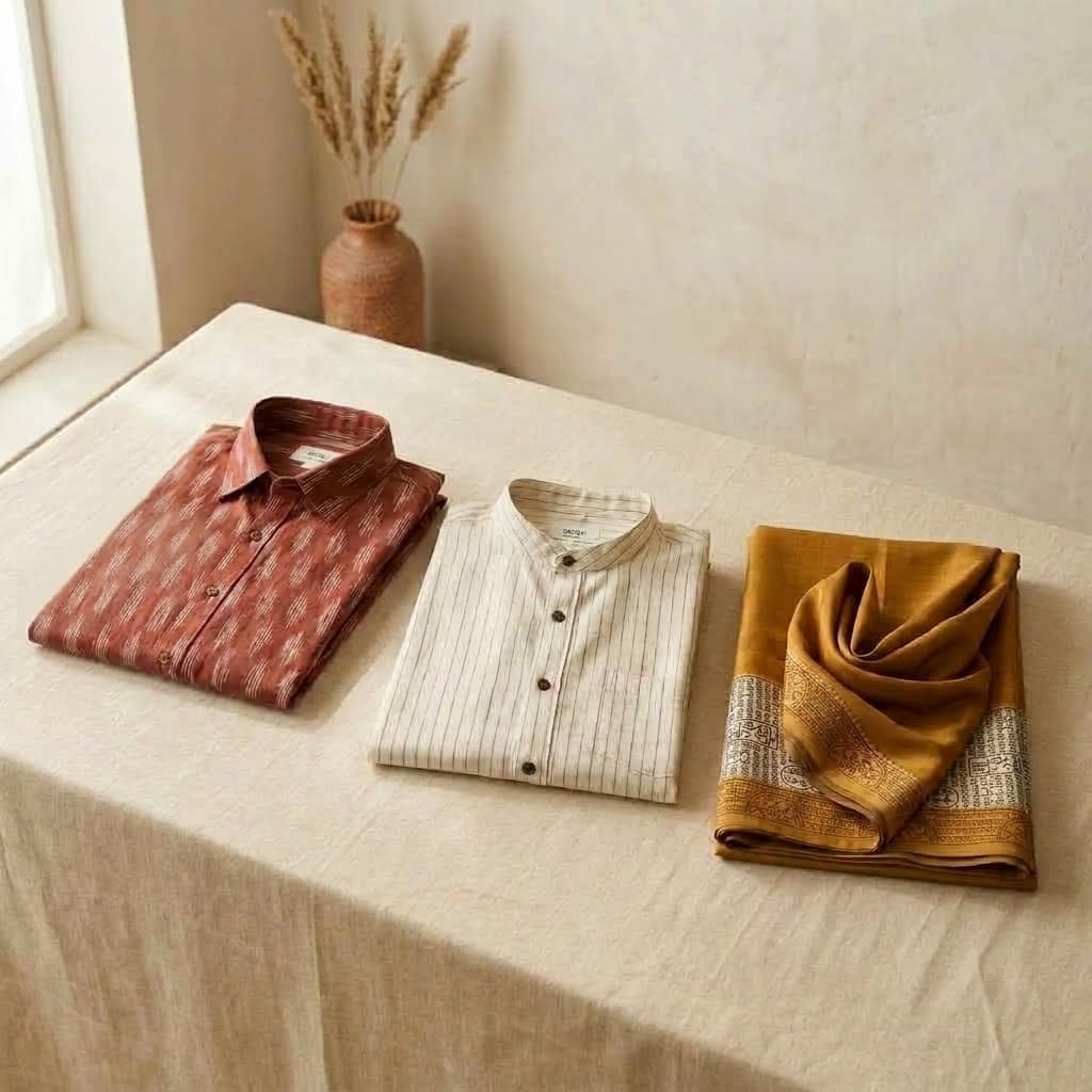 Contemporary handloom shirts and silk saree folded side by side
